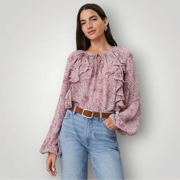 Ann Taylor Tops - Ann Taylor Pink Floral Ruffle Blouse
